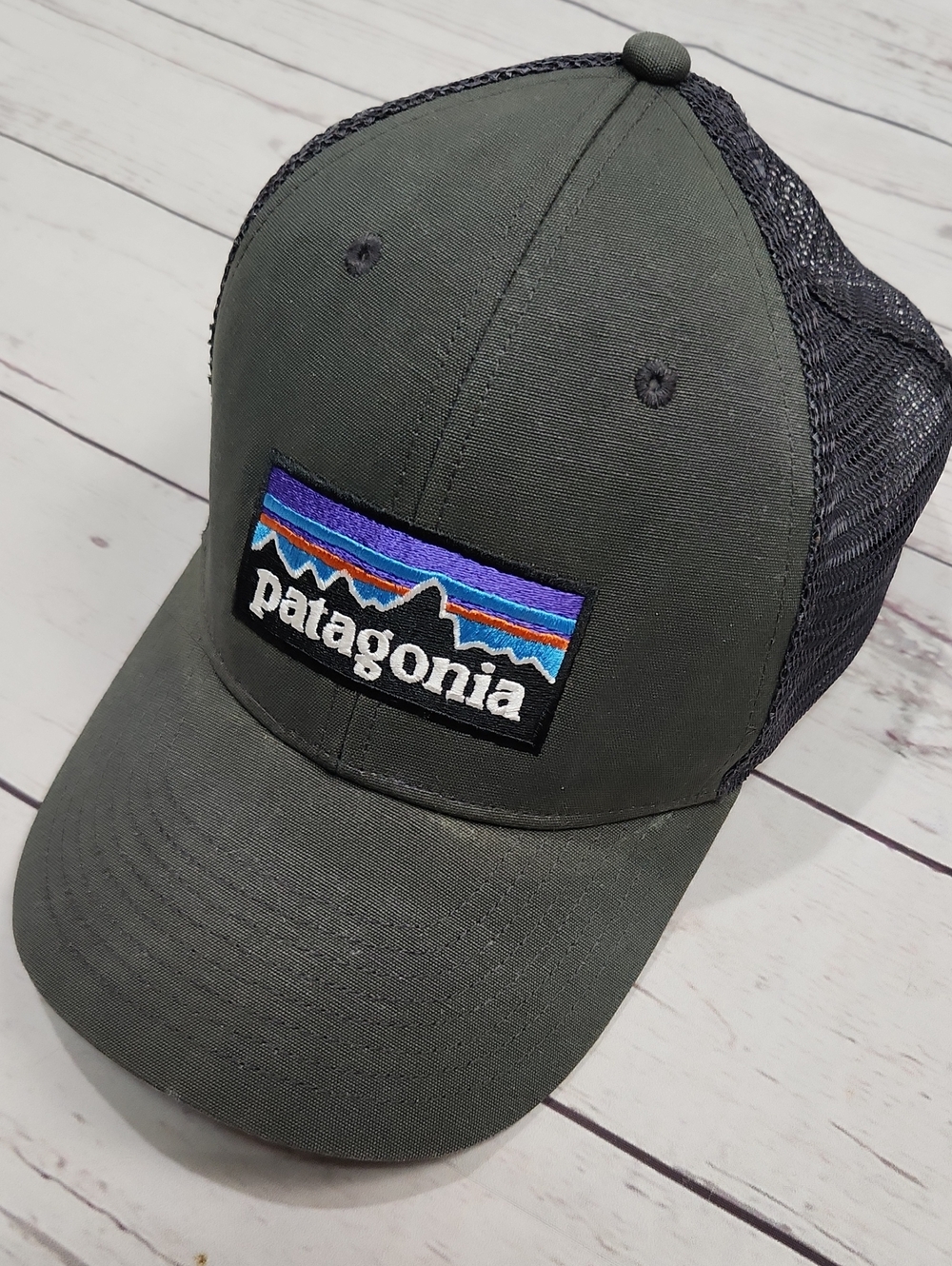 Patagonia Dark Grey & Black Trucker Hat with Multicolor Logo
